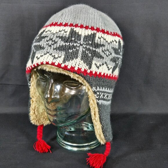 GAP Kids Big Kid Knit Ear Flap Trapper Hat Fair Isle Faux Fur Lining & Pom Poms - Picture 1 of 10